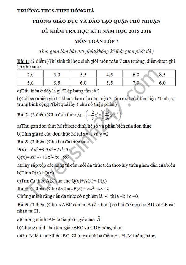 Đề thi học kì 2 lớp 7 môn Toán 2016 THCS Hồng Hà 