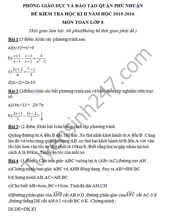 Đề thi học kì 2 lớp 8 môn Toán 2016 THCS Hồng Hà 2016
