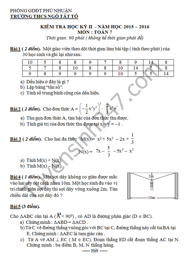 Đề thi học kì 2 lớp 7 môn Toán 2016 THCS Ngô Tất Tố 