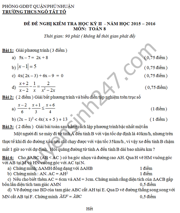 Đề thi học kì 2 lớp 8 môn Toán 2016 THCS Ngô Tất Tố