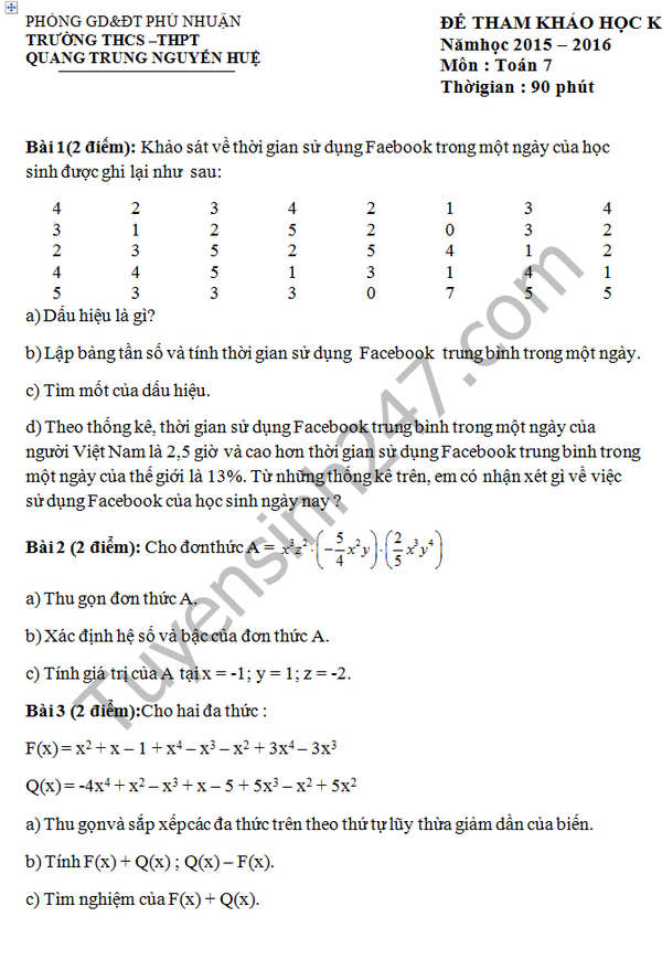 Đề thi học kì 2 lớp 7 môn Toán 2016 THCS Quang Trung Nguyễn Huệ 