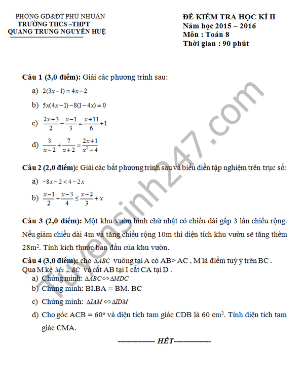 Đề thi học kì 2 lớp 8 môn Toán 2016 THCS Quang Trung Nguyễn Huệ