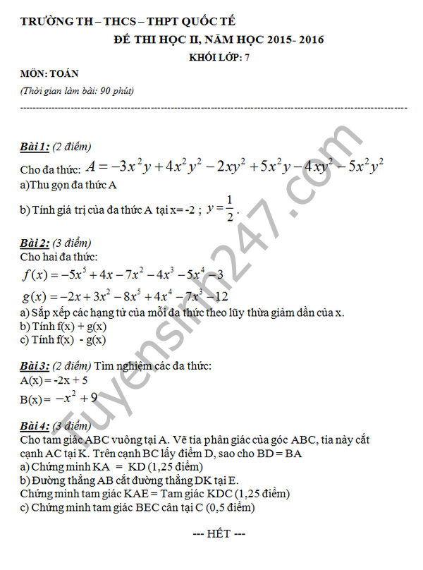 Đề thi học kì 2 lớp 7 môn Toán 2016 THCS Quốc Tế