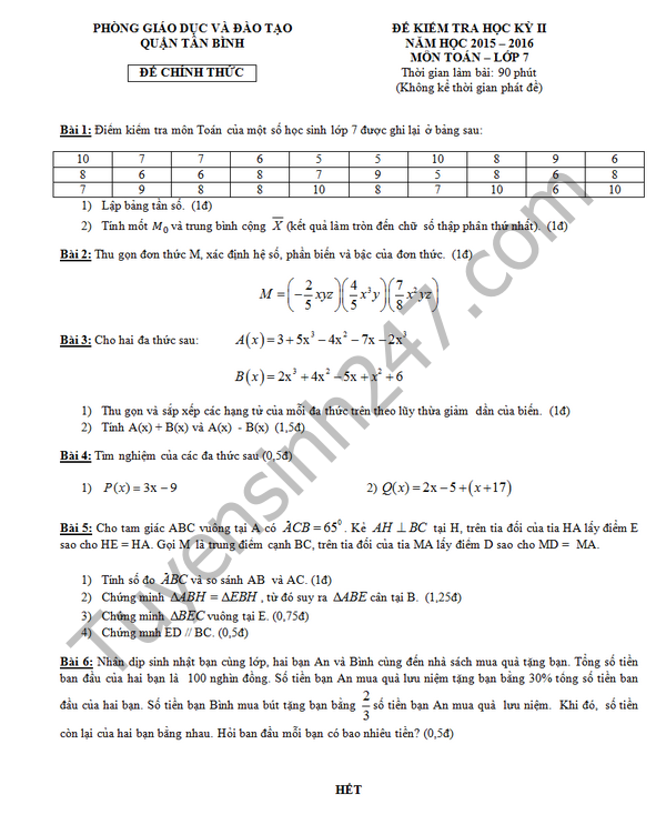 Đề thi học kì 2 lớp 7 môn Toán 2016 - Tân Bình
