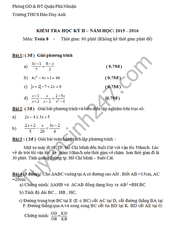 Đề thi học kì 2 lớp 8 môn Toán 2016 THCS Đào Duy Anh 