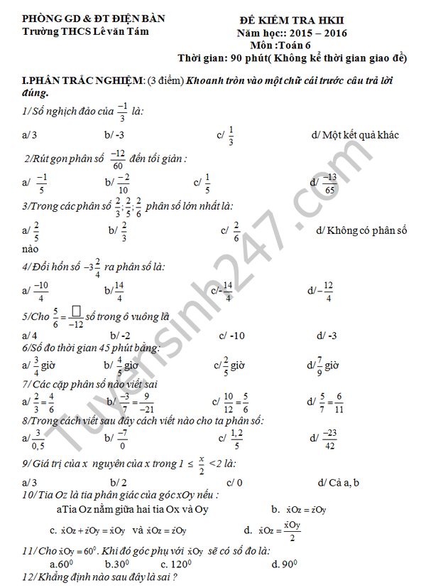 Đề thi học kì 2 lớp 6 môn Toán năm 2016 THCS Lê Văn Tám 