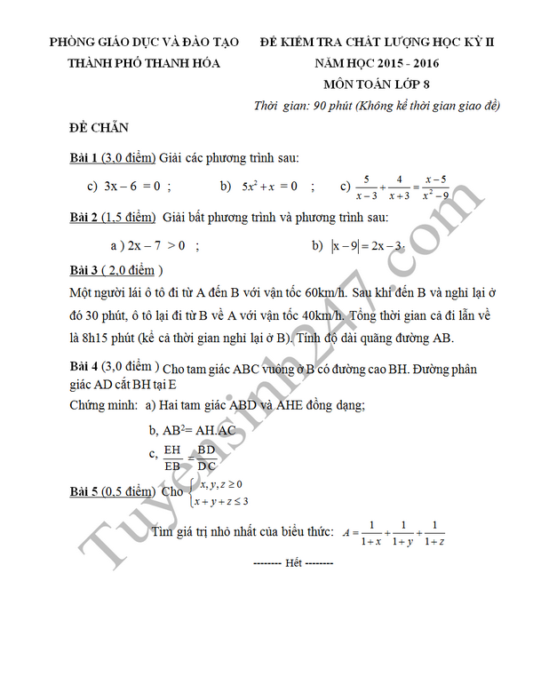 Đề thi học kì 2 lớp 8 môn Toán năm 2016 - Thanh Hóa