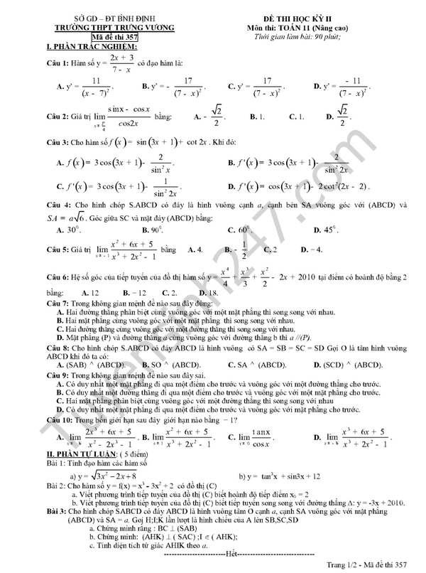 Đề thi học kì 2 môn Toán 11 năm 2016 THPT Trưng Vương