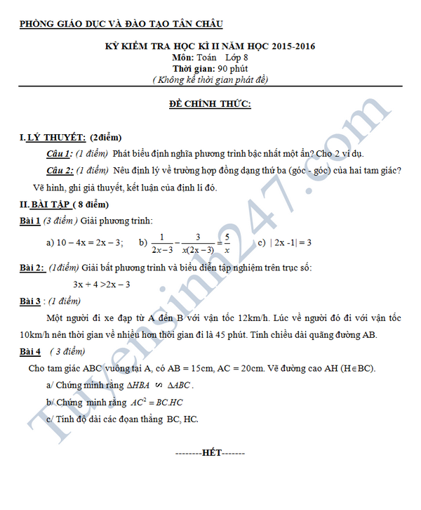 Đề thi học kì 2 lớp 8 môn Toán 2016 Tân Châu 