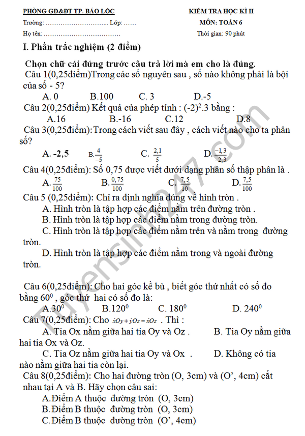 Đề thi học kì 2 lớp 6 năm 2016 môn Toán - Bảo Lộc 