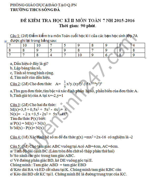 Đề thi học kì 2 lớp 7 Toán năm 2016 THCS Sông Đà