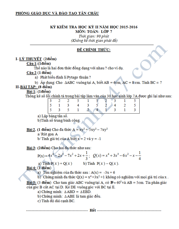 Đề thi học kì 2 lớp 7 môn Toán 2016 Tân Châu 