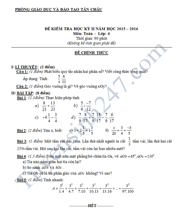 Đề thi học kì 2 lớp 6 môn Toán năm 2016 Tân Châu 