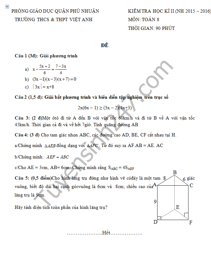 Đề thi học kì 2 lớp 8 môn Toán 2016 THCS Phú Nhuận 