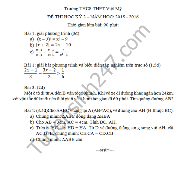 Đề thi học kì 2 lớp 8 môn Toán năm 2016 THCS Việt Mỹ