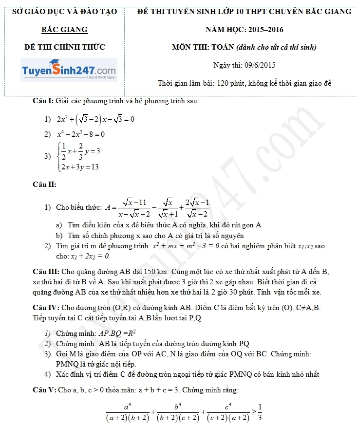 Đề thi vào lớp 10 môn Toán chuyên Bắc Giang 2015 - 2016