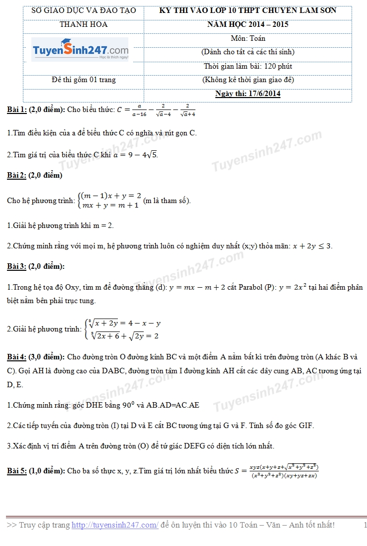 Đề thi vào lớp 10 môn Toán THPT chuyên Lam Sơn - Thanh Hóa 2014 - 2015