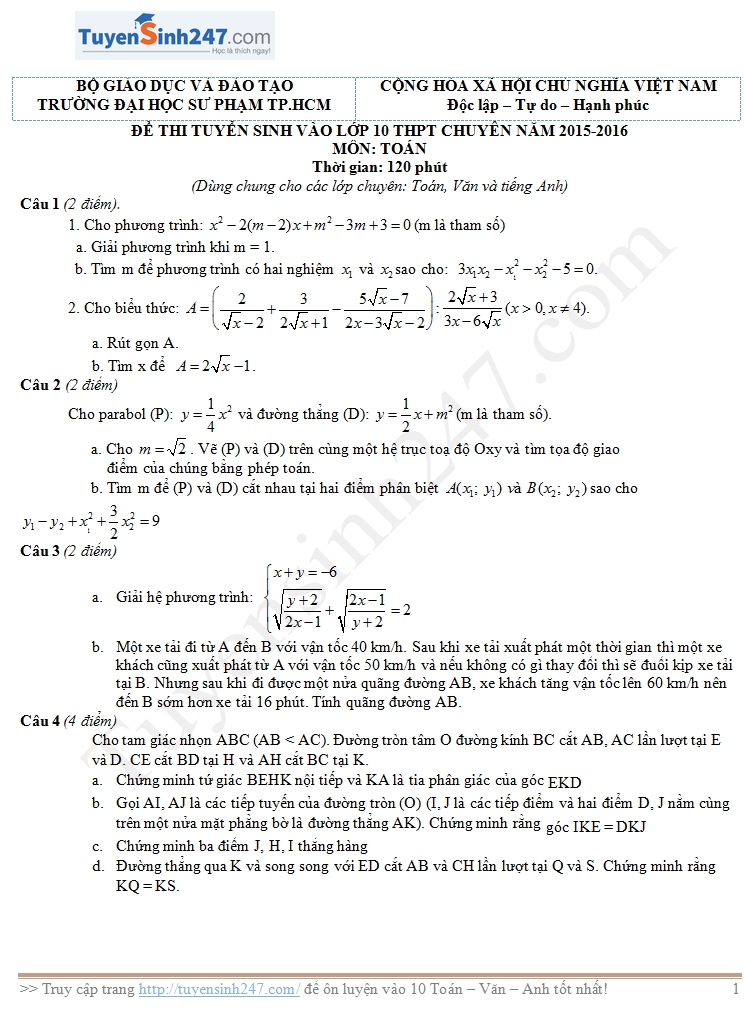 Đề thi vào lớp 10 môn Toán THPT chuyên ĐH Sư Phạm TPHCM 2015 - 2016