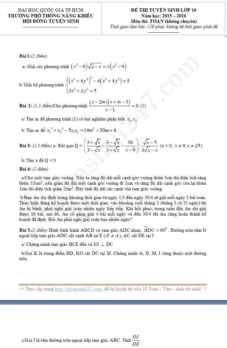 Đề thi vào lớp 10 môn Toán 2015 THPT năng khiếu Đại Học Quốc Gia TPHCM