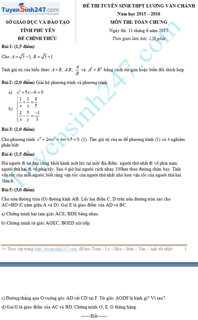 Đề thi vào lớp 10 môn Toán THPT chuyên Lương Văn Chánh - Phú Yên 2015 - 2016