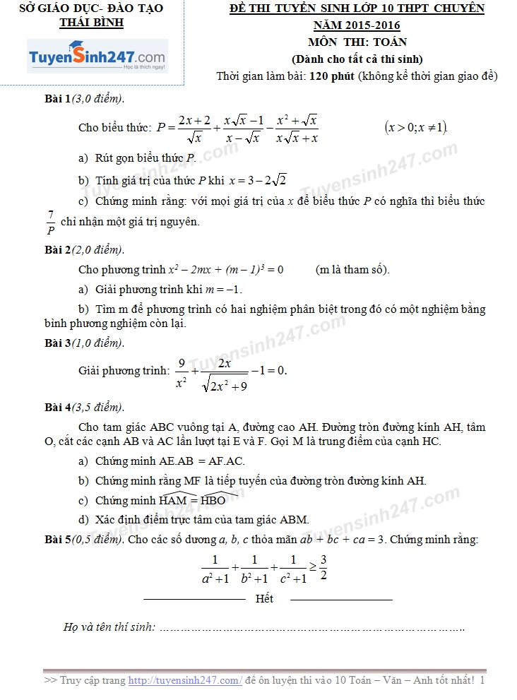 Đề thi vào lớp 10 môn Toán THPT chuyên Thái Bình 2015 - 2016