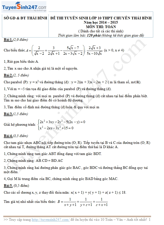 Đề thi vào lớp 10 môn Toán THPT chuyên Thái Bình 2014 - 2015