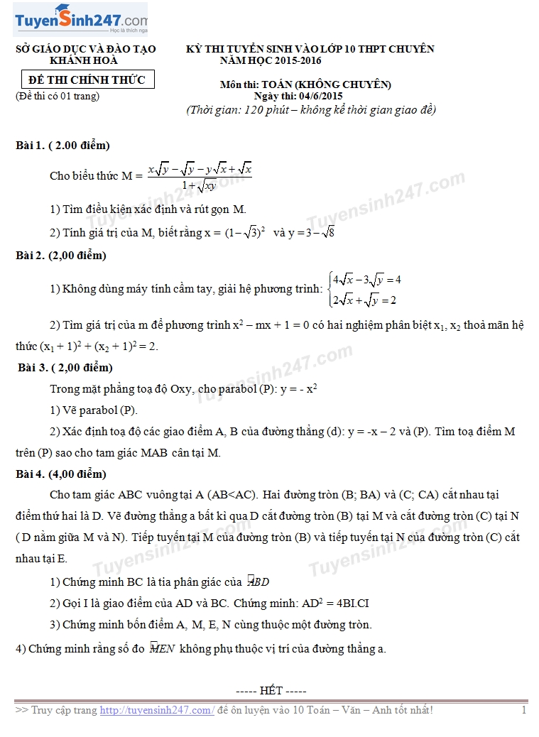 Đề thi vào lớp 10 môn Toán THPT chuyên Khánh Hòa 2015 - 2016
