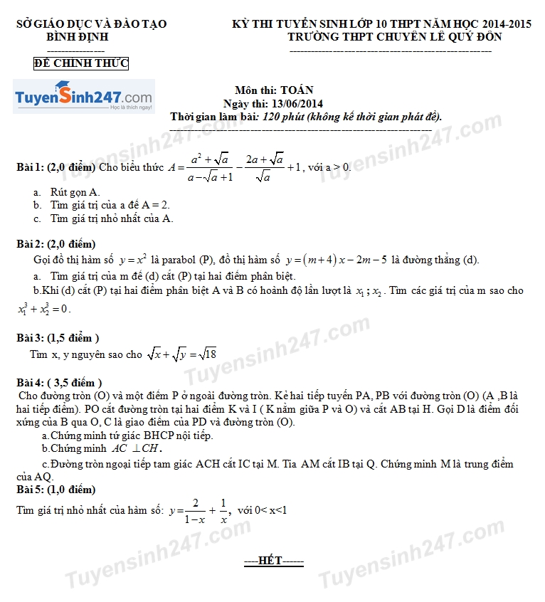 Đề thi vào lớp 10 môn Toán THPT Lê Quý Đôn - Bình Định 2014