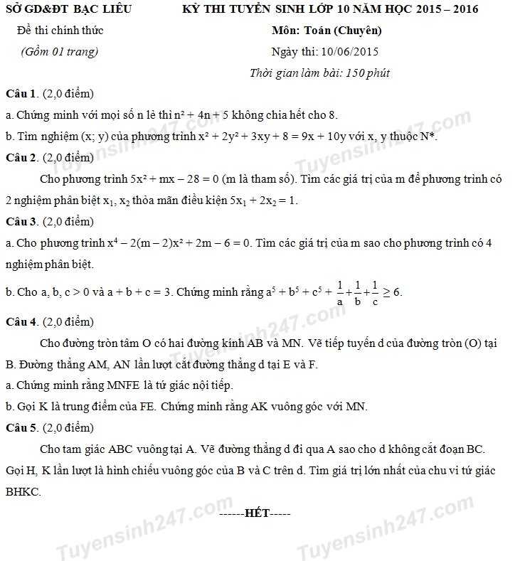 Đề thi vào lớp 10 môn Toán năm 2015 - Bạc Liêu