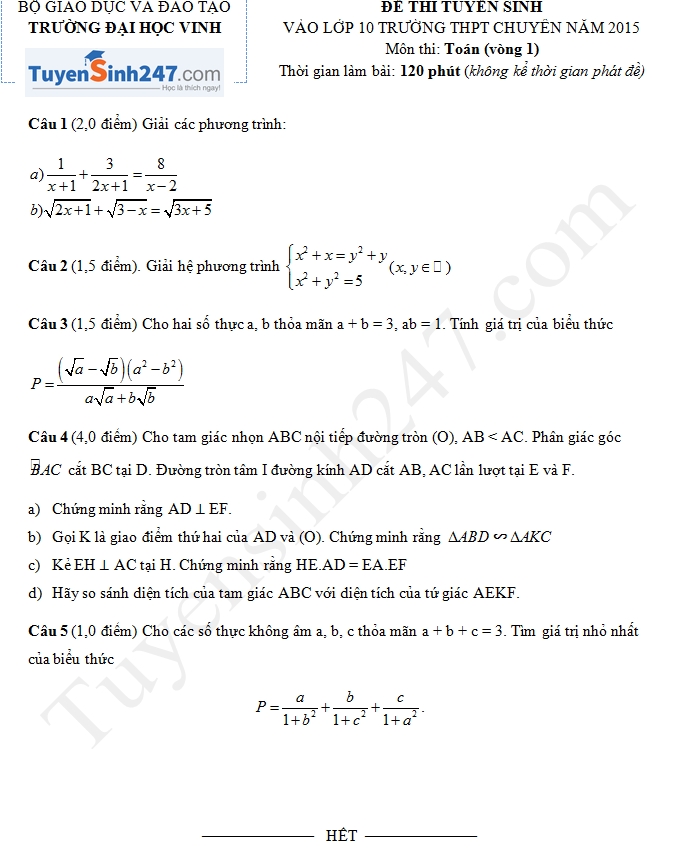Đề thi vào lớp 10 môn Toán chuyên Đại Học Vinh 2015 - 2016