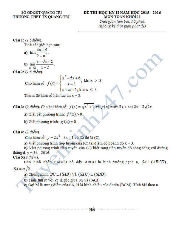 Đề thi học kì 2 lớp 11 môn Toán 2016 THPT Quảng Trị