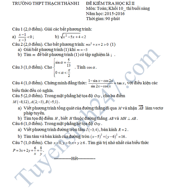 Đề thi học kì 2 lớp 10 môn Toán 2016 THPT Thạch Thành 1 