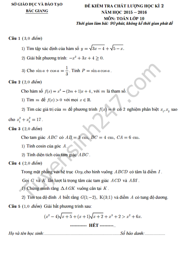 Đề thi học kì 2 lớp 10 môn Toán 2016 Sở GD Bắc Giang 
