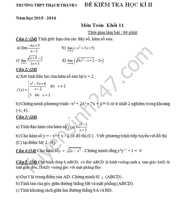 Đề thi học kì 2 lớp 11 môn Toán 2016 THPT Thạch Thành 1 