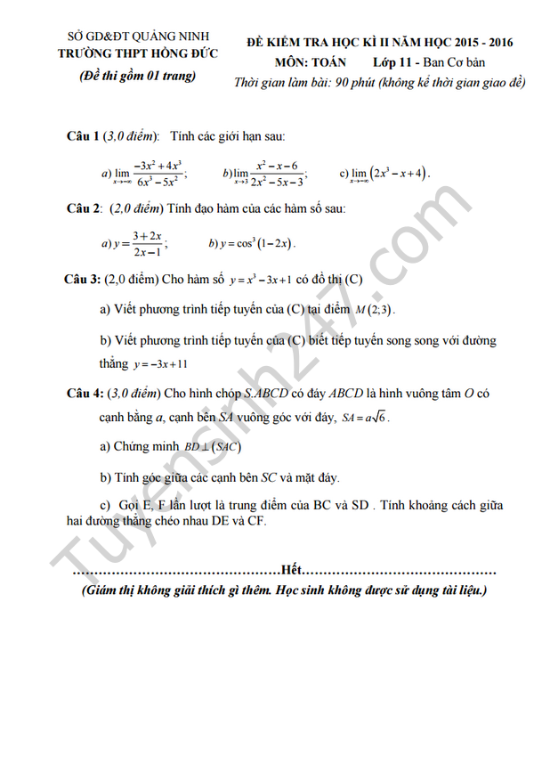 Đề thi học kì 2 lớp 11 môn Toán 2016 THPT Hồng Đức