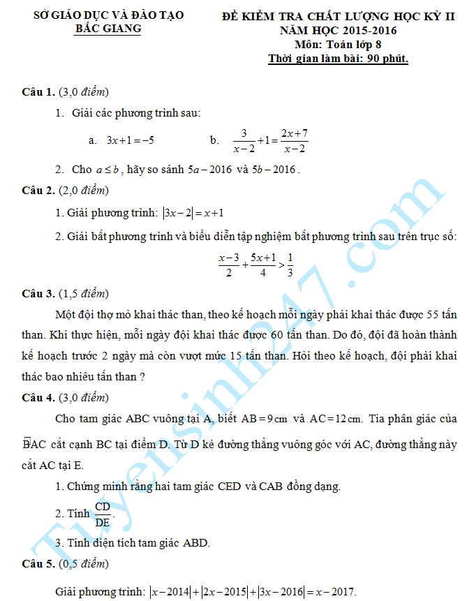 Đề thi học kì 2 lớp 8 môn Toán Sở GD Bắc Giang 2016