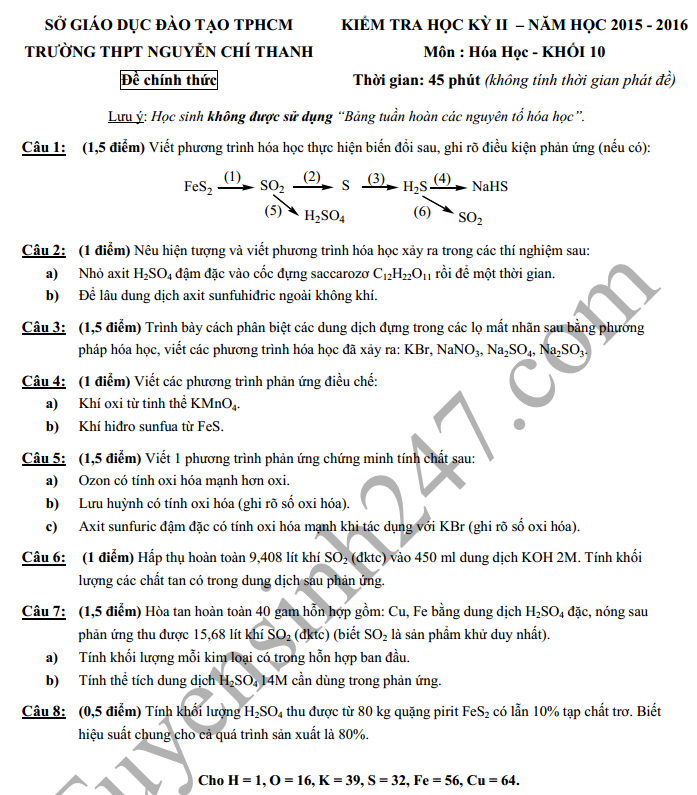 Đề thi học kì 2 lớp 10 môn Hóa –THPT Nguyễn Chí Thanh năm 2016
