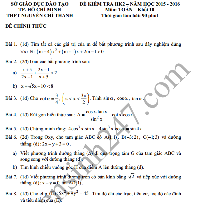 Đề thi học kì 2 lớp 10 môn Toán THPT Nguyễn Chí Thanh 2016