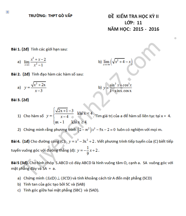 Đề thi học kì 2 lớp 11 môn Toán 2016 THPT Gò Vấp 