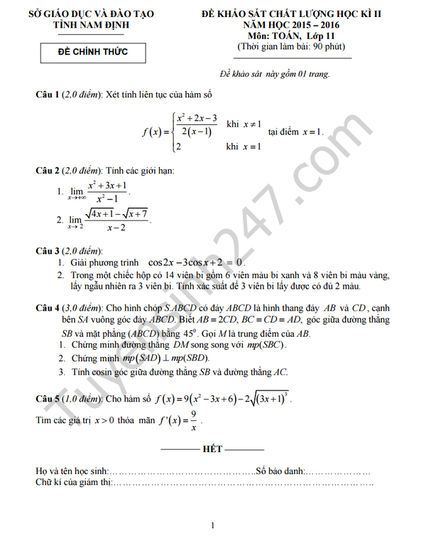 Đề thi học kì 2 lớp 11 năm 2016 môn Toán Sở GD Nam Định 
