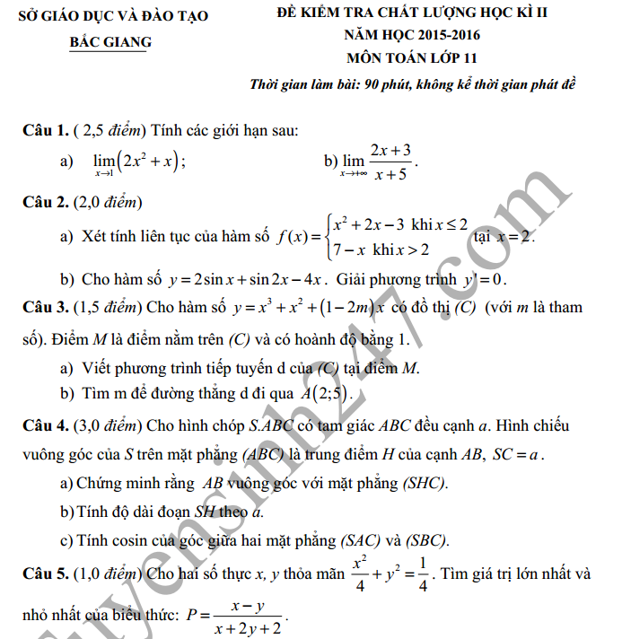 Đề thi học kì 2 lớp 11 môn Toán Sở GD Bắc Giang 2016
