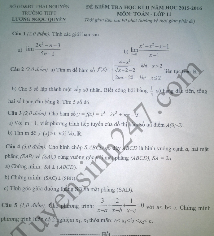 Đề thi học kì 2 môn Toán 11 THPT Lương Ngọc Quyến 2016