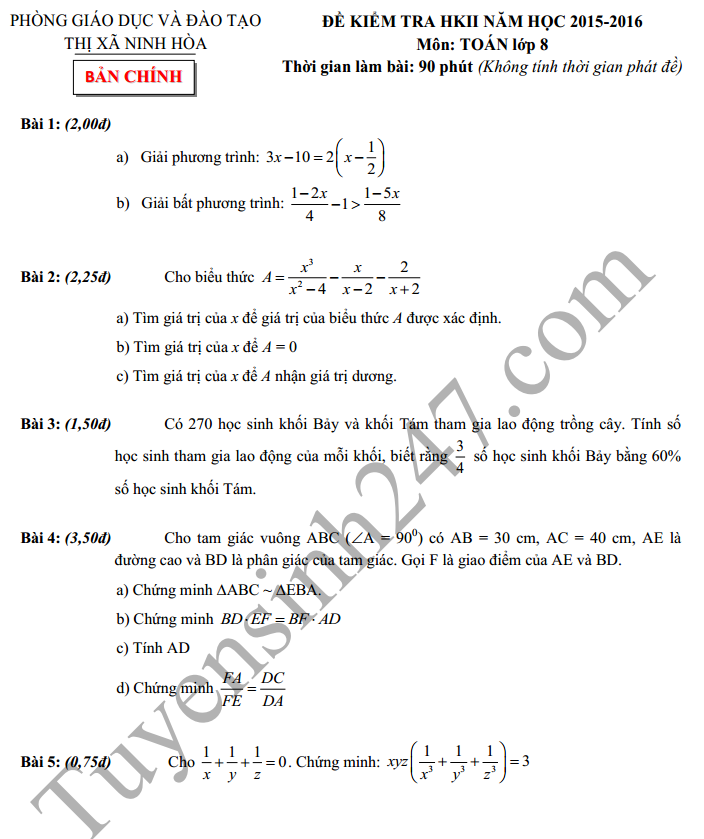 Đề thi học kì 2 lớp 8 môn Toán 2016 Ninh Hòa 