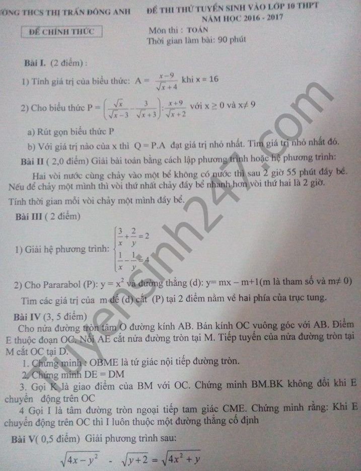 Đề thi thử vào lớp 10 môn Toán 2016 - THCS Đông Anh