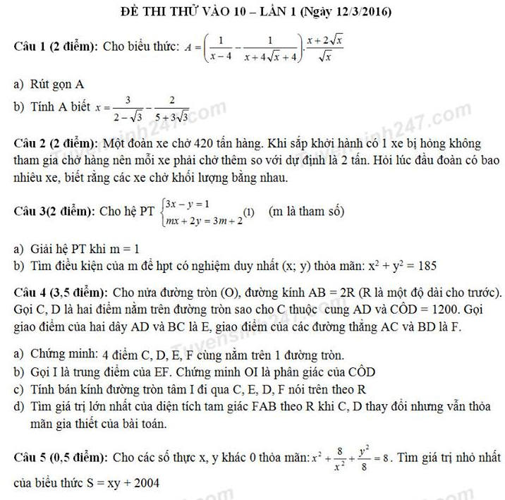 Đề thi thử vào lớp 10 môn Toán THPT Chuyên Nguyễn Huệ 2016 - lần 1 