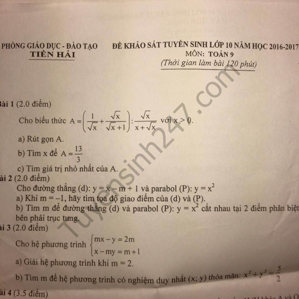 Đề thi thử vào lớp 10 môn Toán - Tiền Hải năm 2016