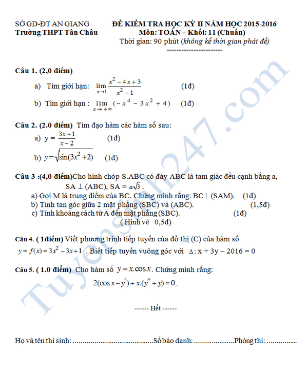 Đề thi học kì 2 lớp 11 môn Toán 2016 THPT Tân Châu