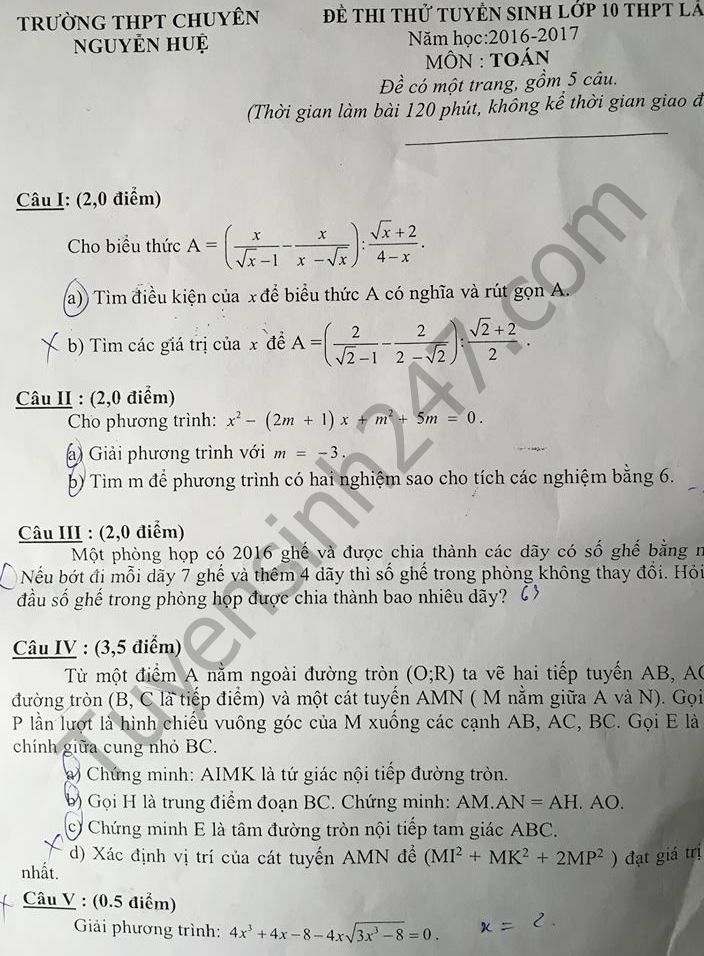 Đề thi thử vào lớp 10 môn Toán 2016 THPT chuyên Nguyễn Huệ lần 2