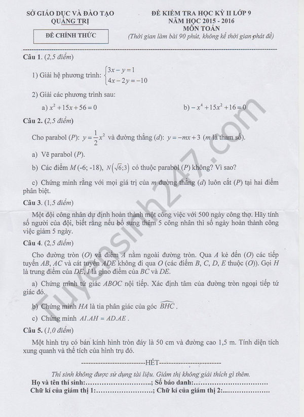 Đề thi học kì 2 lớp 9 năm 2016 môn Toán Sở GD Quảng Trị 