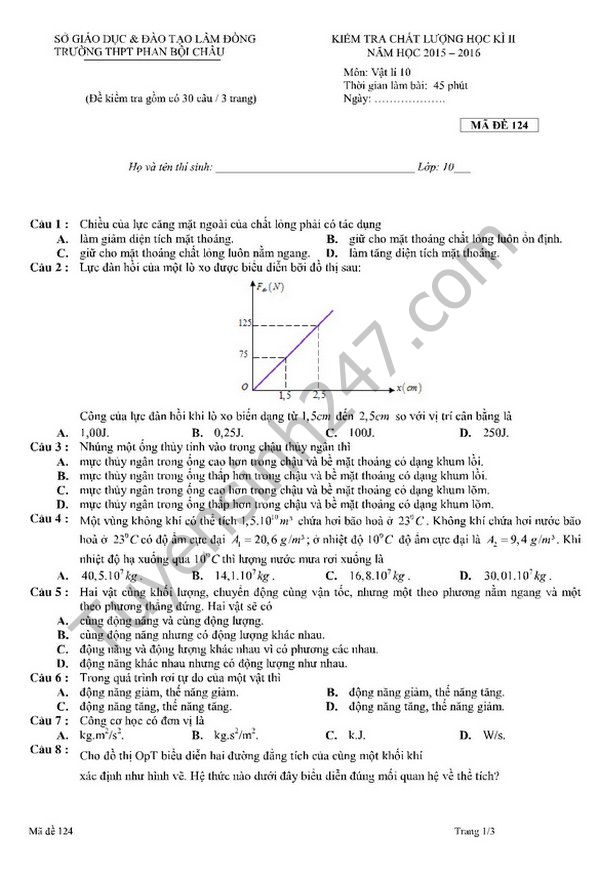 Đề thi học kì 2 năm 2016 lớp 10 môn Lý - THPT Phan Bội Châu